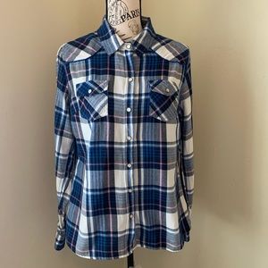 Mossimo Pink/Blue Plaid Flannel pearl snaps szL